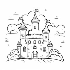 simple black and white line art with thick lines of a fairytale castle