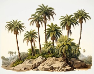 Palm trees on the island, rocks, oasis. Coconut palm resort. Generative AI