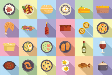 Portugese cuisine icons set flat vector. Bowl cooking. Cafe cuisine