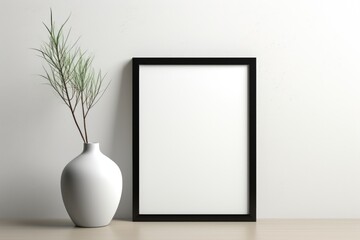 Fototapeta na wymiar Mockup frame, Modern and Chic: Black Mockup Frame on a White Minimalist Table. Generative AI