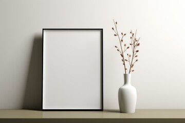 Mockup frame, Modern and Chic: Black Mockup Frame on a White Minimalist Table. Generative AI