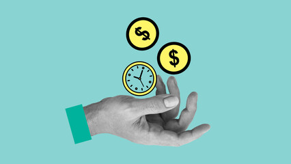 Time is money concept. Collage with photo of the hand, coins and the clock