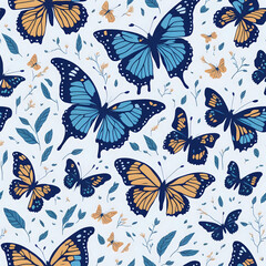 Fototapeta na wymiar vintage blue and yellow butterflies pattern, generative ai