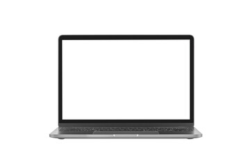 Gray metallic laptop notebook with blank screen isolated on white, transparent background, PNG. Digital device mockup, template, copy space for text. Business, office, technology concept.