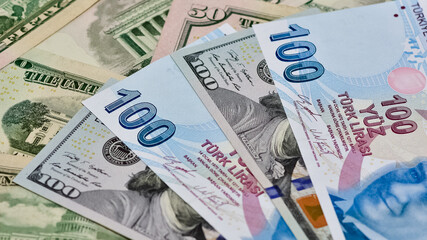 Images of banknotes of various countries. US dollar and Turkish lira photos.