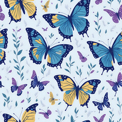 Fototapeta na wymiar vintage blue and yellow butterflies pattern, generative ai