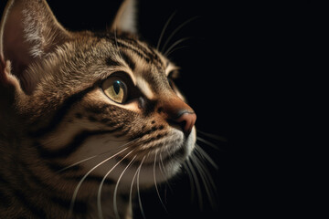 Portrait of a beautiful cat in close-up Macro photography on dark background.