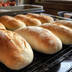 Freshly baked bread on a baking sheet. Fresh buns from the oven. Baking bread. AI generated