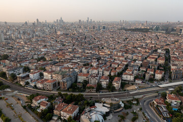 Drone view Maltepe Sahil at sunset. Aerial view of over park and harbor in Maltepe district on the...