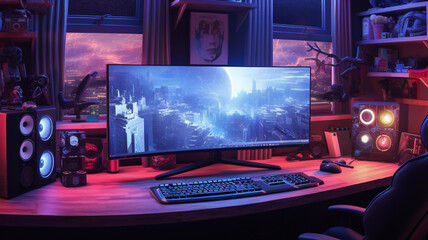 Gaming room with computer and wide monitor screen colorful neon lights, setup for e-sports