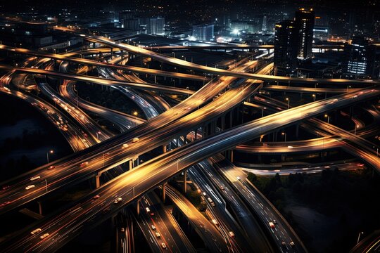 Traffic on a busy highway illuminated by glowing lights at night leading to a city. Traffic jam at dusk. Cars and trucks on a busy road. Generative AI