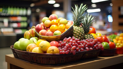 Fresh colorful fruits mix in basket on shelf in market or supermarket
