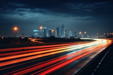 Fototapeta premium Traffic on a busy highway illuminated by glowing lights at night leading to a city. Traffic jam at dusk. Cars and trucks on a busy road. Generative AI