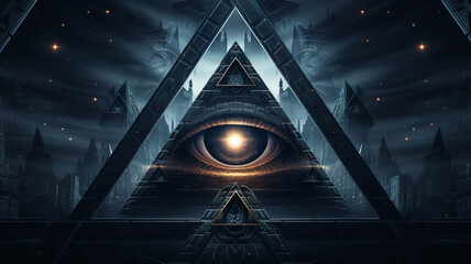 Illuminati all seeing eye pyramid, symbolism and occult conspiracys background banner - obrazy, fototapety, plakaty