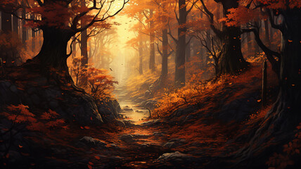 Leaves and trees in beautiful colorful autumn forest landscape