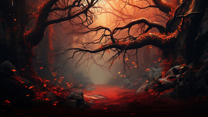 Leaves and trees in beautiful colorful autumn forest landscape