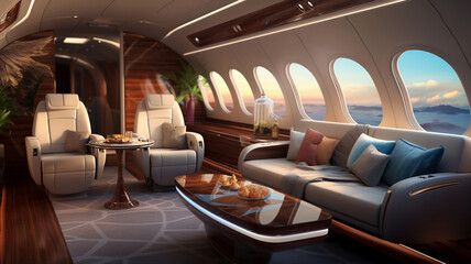 Luxury private jet indoor interior, seats and table, millionaire rich lifestyle
