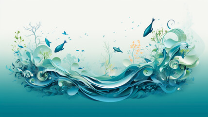World ocean day, sea life fish illustration, concept of ecology and sustainable development