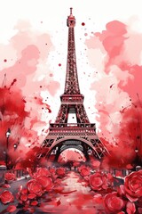 Watercolor Eiffel Tower with roses and paint splatter vertical orientation. Generative ai
