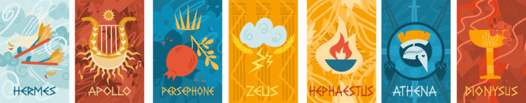 A set of posters depicting the gods and goddesses of ancient Greek mythology. Vector illustration