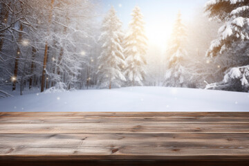 Winter wooden table on a frosty day with snow and free space