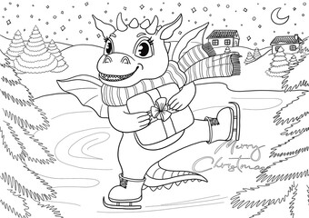 Cute dragon with gift box slides on ice skating illustration. Funny dragon in scarf with present box slides on winter skate in the forest background outline. Christmas coloring page