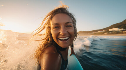 surfer woman inside a beautiful blue wave of water at sunrise with blurred background - obrazy, fototapety, plakaty