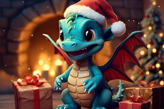 Cute dragon with gifts. Eastern calendar symbol. Christmas or New Year background with selective focus