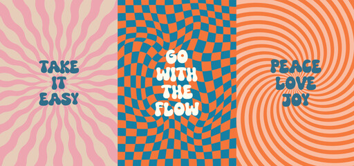 Groovy flowers vector illustration set with aesthetic quotes. Template for wallpaper, banner, postcard, poster, wall art