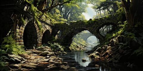 illustration of stone bridge in forest, generative AI