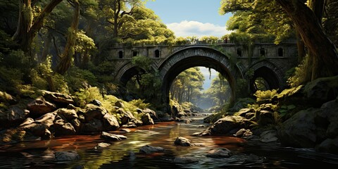 Fototapeta premium illustration of stone bridge in forest, generative AI