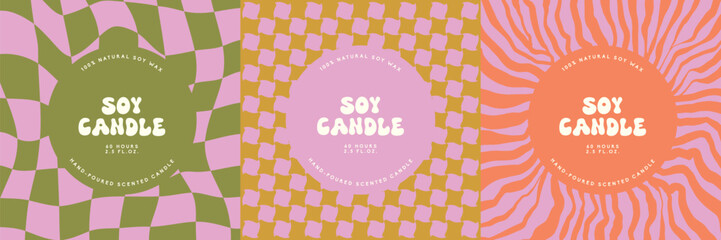 Soy candle vector label design templates with groovy flowers background