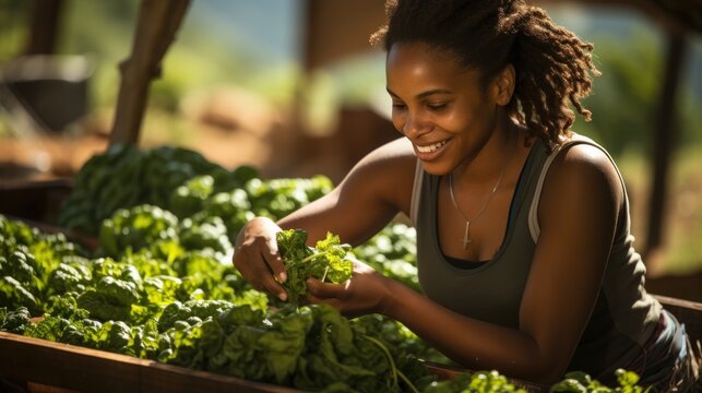 From Garden to Table: Woman Cultivating Fresh Vegetables, generative ai