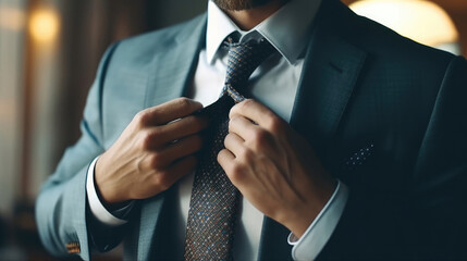A Businessman is fixing his tie
