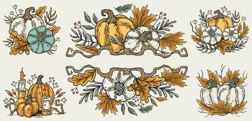 Set of Halloween designs for holiday autumn backgrounds, banners and postcards. Halloween collection with pumkins and autumn leaves for decoration october party or scary autumn festival