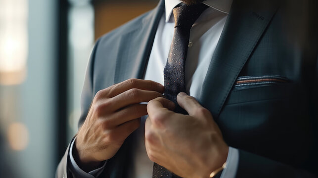 A Businessman is fixing his tie