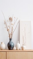 Minimal decorative vases with dry flowers on a furniture piece illustration made with Generative AI 