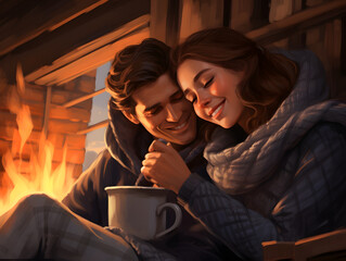 Cozy Autumn Vibes - Smiling Couple Wrapped in Blankets, Sipping Hot Cocoa by a Crackling Fireplace