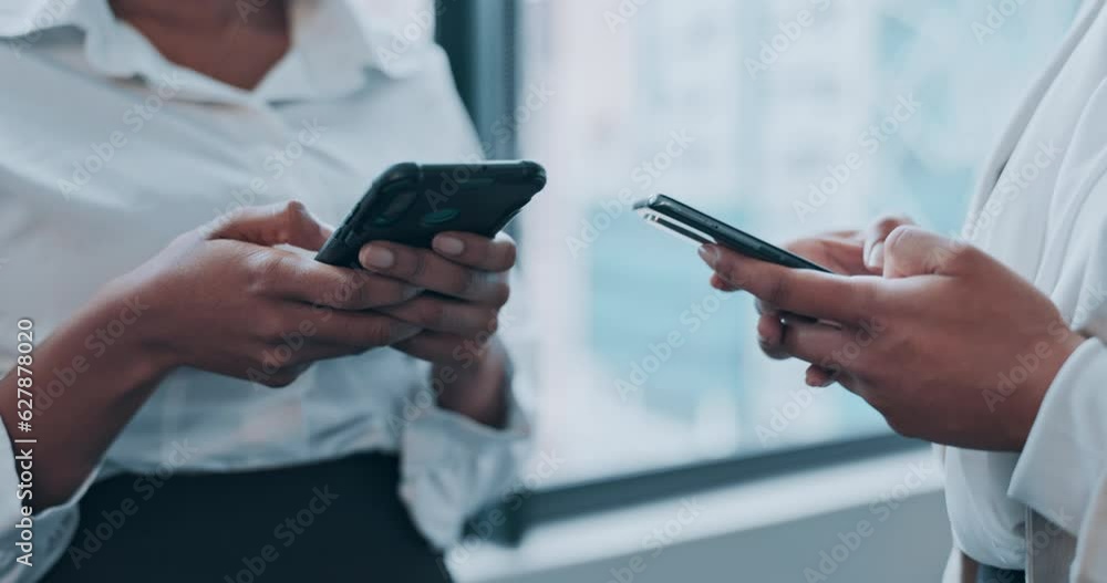 Poster phone, hands and business people with online communication and email networking. office, social medi