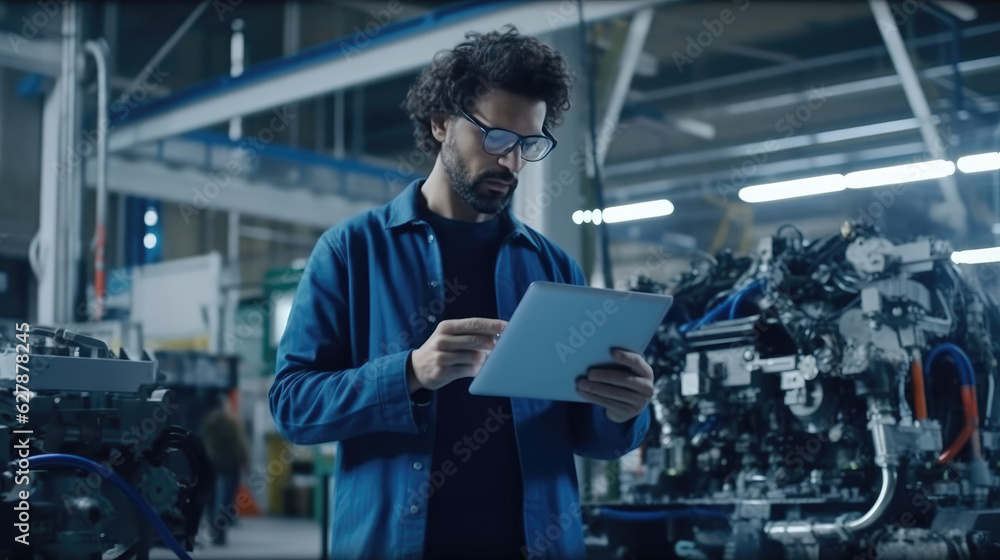 Wall mural Modern Engineer is checking machine use tablets in the factory for routine maintenance