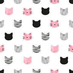 Seamless cute cats pattern. Vector illustration with watercolor cat heads. Childish print - 627878416