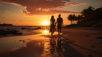 Sunset Serenade: A Romantic Getaway with Love by the Shoreline,  couple in love in sunset, generative ai