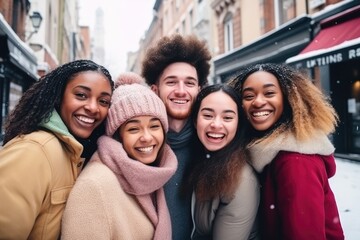 Obraz premium Multiracial group of friends having fun together outdoors on city street- in winter - Young cheerful people walking hugging outside- Next gen z lifestyle concept-Smiling students