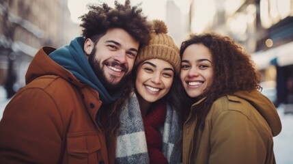 Multiracial group of friends having fun together outdoors on city street- in winter - Young cheerful people walking hugging outside- Next gen z lifestyle concept-Smiling students