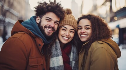 Fototapeta premium Multiracial group of friends having fun together outdoors on city street- in winter - Young cheerful people walking hugging outside- Next gen z lifestyle concept-Smiling students