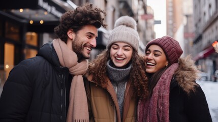 Multiracial group of friends having fun together outdoors on city street- in winter - Young cheerful people walking hugging outside- Next gen z lifestyle concept-Smiling students