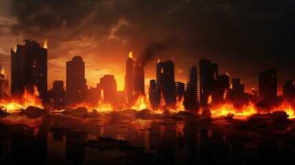 Empty street of burnt up city. Apocalyptic view of city downtown as disaster film poster concept....