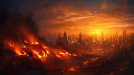 Empty street of burnt up city. Apocalyptic view of city downtown as disaster film poster concept. City destroyed by war