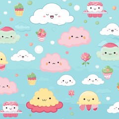 Fototapeta premium Seamless pattern with cute kawaii clouds and cupcakes.Generative AI