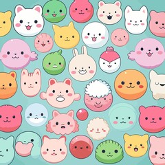 Fototapeta premium Cute kawaii animal faces seamless pattern. Vector illustration.